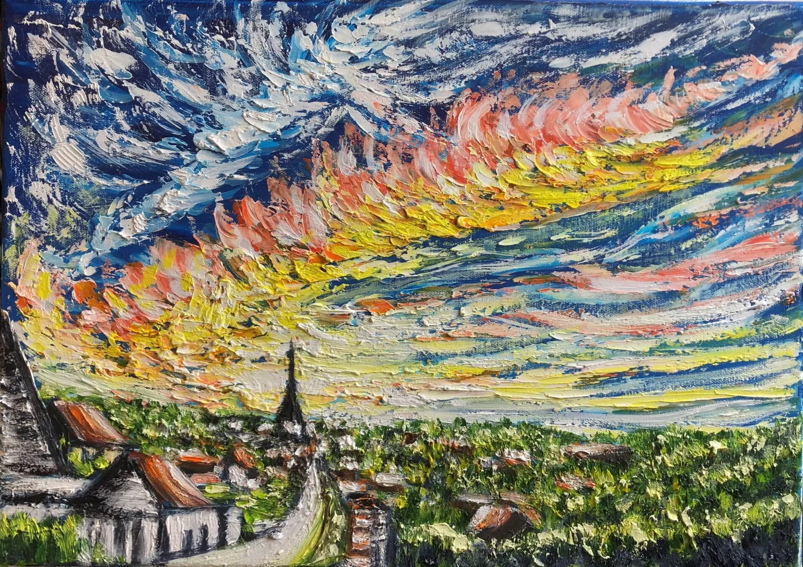 Bures-en-Bray : coucher de soleil sur le village