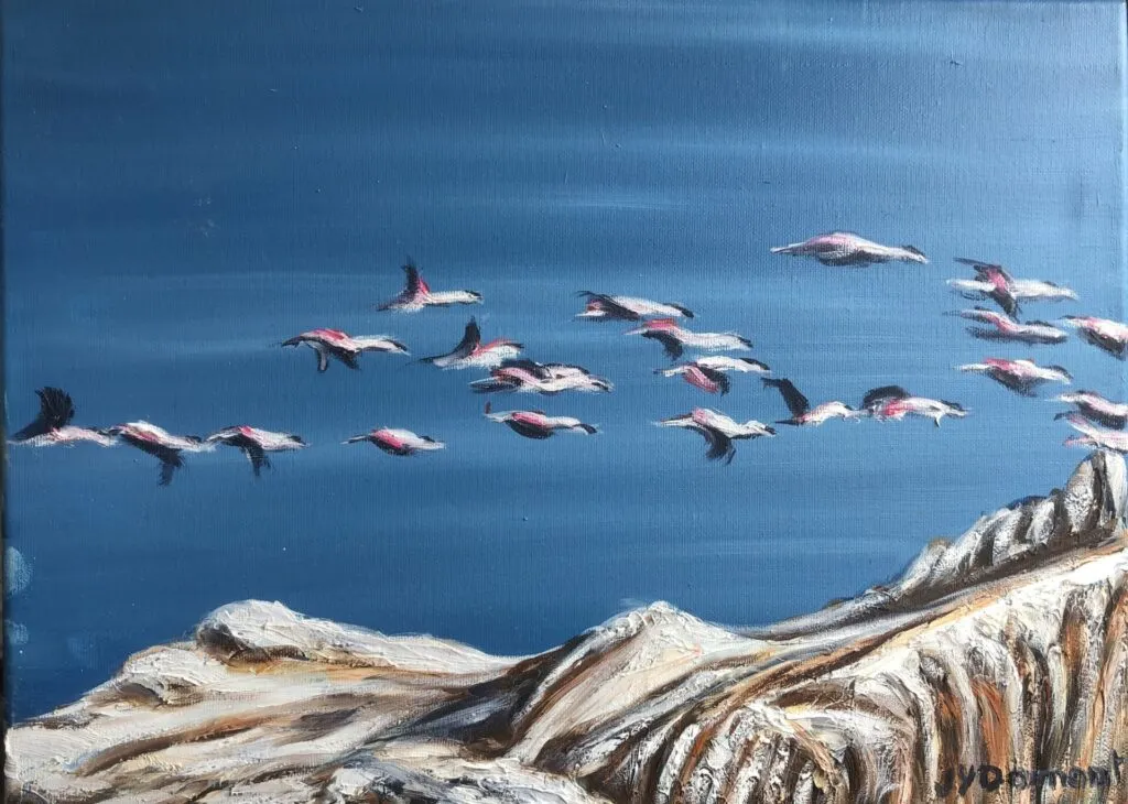 Chili : vol de flamands roses  dans le désert d'Atacama