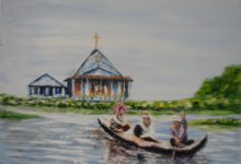 Cambodge : la barque des religieuses devant l'église flottante